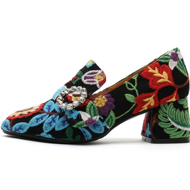 Ethnic Style Floral Lace Embroider Women Pumps Slip On Slingbacks Retro Printing Thick High Heels Woman Shoes Big Size 33-43 - LiveTrendsX