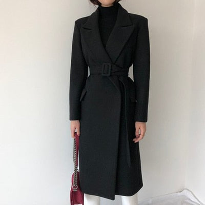 Woman Coats Winter Wool Long Coat With belt Office Lady Fashion lace Up Coats Outerwear - LiveTrendsX