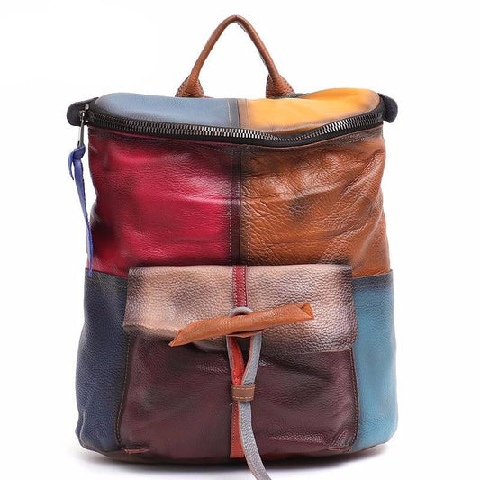 Unique Design Multi Color Cow Leather Girl School Backpack Large Paint Patchwork Genuine Leather Shoulder Bag Femal knapsack - LiveTrendsX