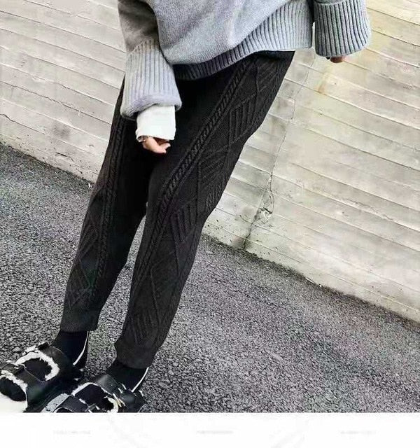 Streetwear Autumn Thick pant women trousers  Autumn winter high waist loose drawstring elastic waist twist radish wool pants - LiveTrendsX