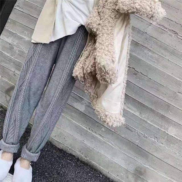 Streetwear Autumn Thick pant women trousers  Autumn winter high waist loose drawstring elastic waist twist radish wool pants - LiveTrendsX