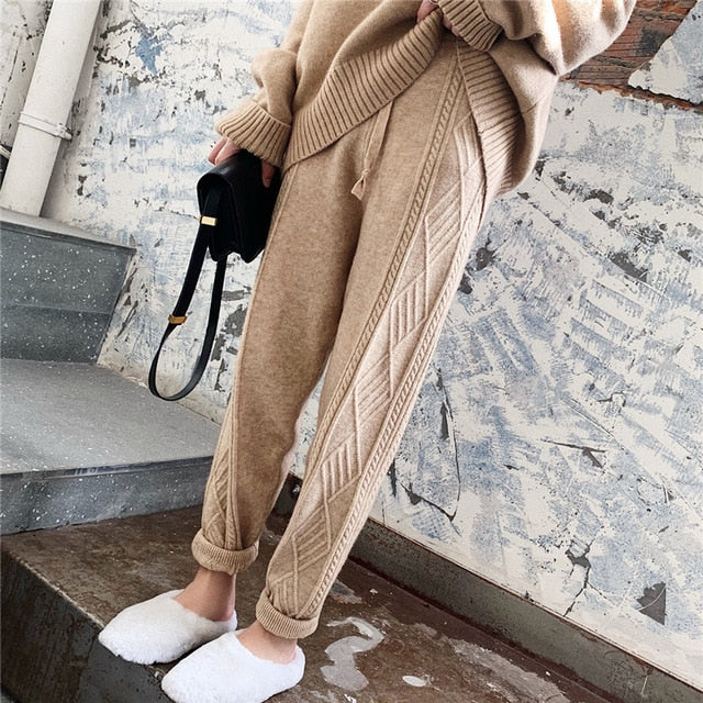 Streetwear Autumn Thick pant women trousers  Autumn winter high waist loose drawstring elastic waist twist radish wool pants - LiveTrendsX