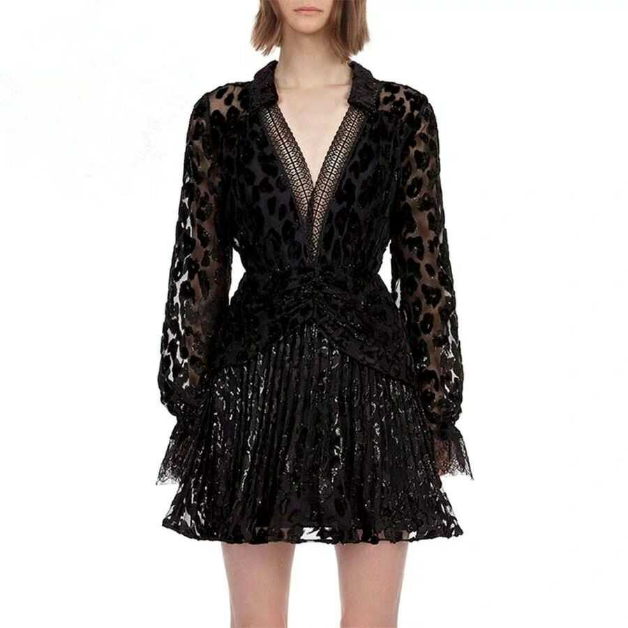 Autumn new arrive DEEP v black color full sleeve mini dress lace mesh flocked sexy women dress high quality - LiveTrendsX