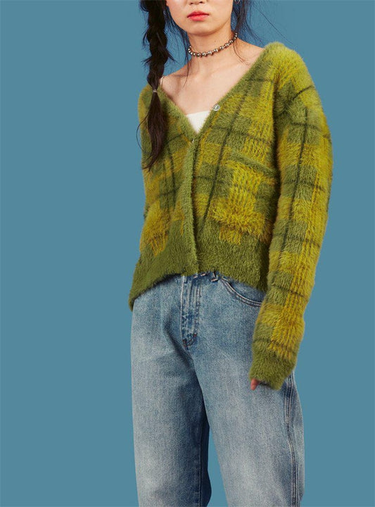 Vintage Synthetic Mink Cashmere Sweater Women Harajuku Lazy Style Ladies V-Neck Button Up Cropped Fuzzy Plaid Cardigan Knitted - LiveTrendsX