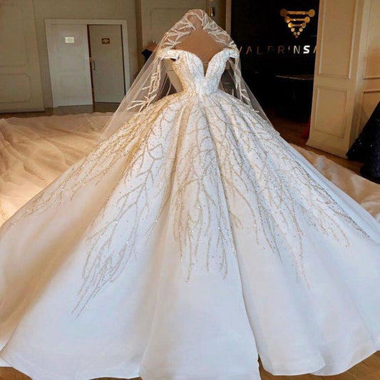 Luxury Cathedral Train Ball Gown Wedding Dresses Robe De Mariee Gorgeous Crystals Beads Wedding Gowns Vestido De Noiva - LiveTrendsX