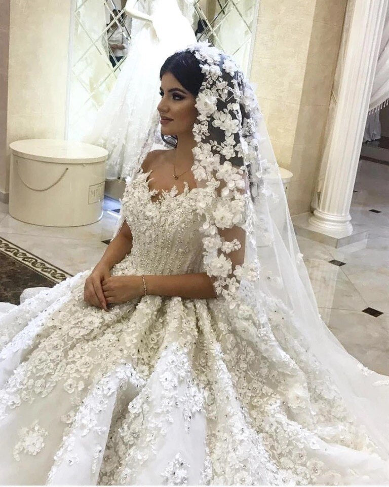 Empire Sweetheart Fluffy Lace Appliques Beading Crystal Luxury Wedding Dresses Muslim Bridal Gown Custom Made - LiveTrendsX