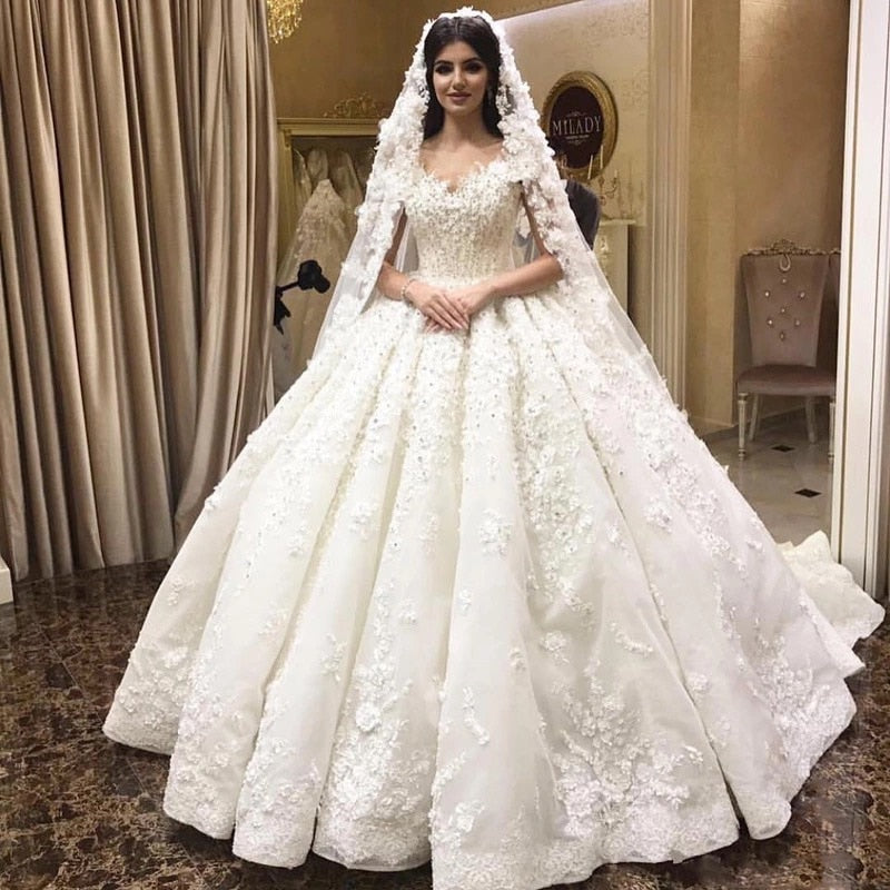 Empire Sweetheart Fluffy Lace Appliques Beading Crystal Luxury Wedding Dresses Muslim Bridal Gown Custom Made - LiveTrendsX