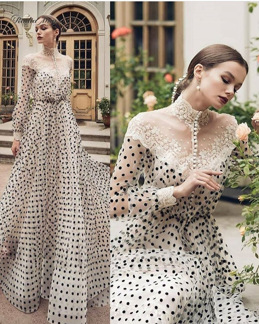 Vintage Lace Black And White Polka Dots Evening Dress Long Sleeves High Neck Arabic Kaftan Dubai Prom Dresses 2020 Formal Gowns - LiveTrendsX