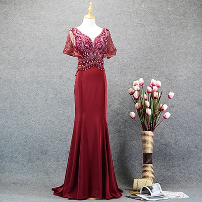 mermaid prom dresses satin v-neck beaded wine red evening dresses with sleeve floor length - LiveTrendsX