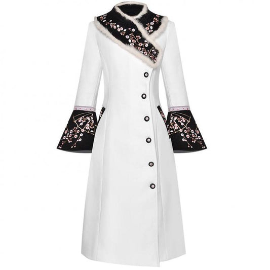 Runway Women Autumn Rabbit Hair Collar Flower Embroidery Long Sleeve Single Breasted Woolen Overcoat Outwear New - LiveTrendsX