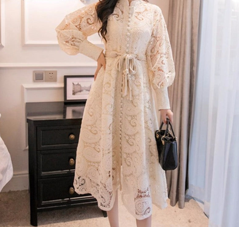 Braided belt high waist woman's dress hollow out embroidery long-sleeve apricot vintage maxi dress autumn 2020 new - LiveTrendsX