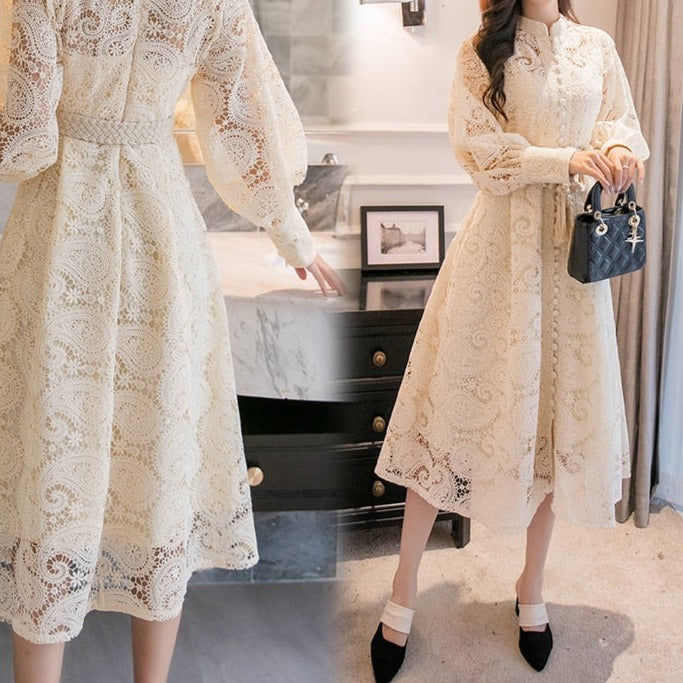 Braided belt high waist woman's dress hollow out embroidery long-sleeve apricot vintage maxi dress autumn 2020 new - LiveTrendsX