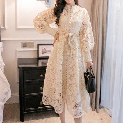 Braided belt high waist woman's dress hollow out embroidery long-sleeve apricot vintage maxi dress autumn 2020 new - LiveTrendsX