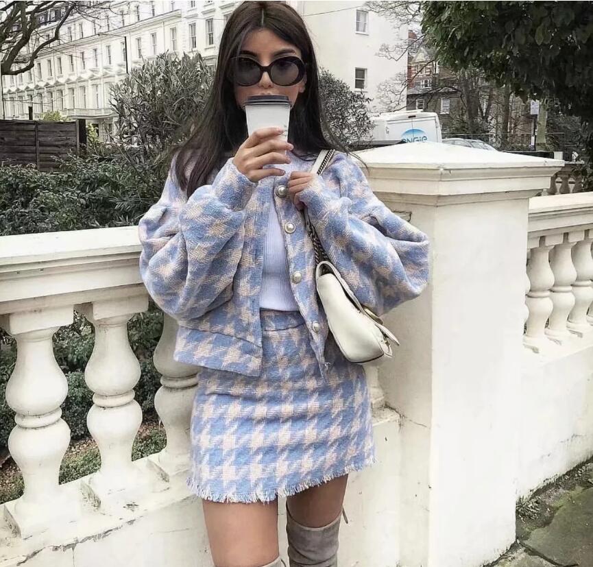 Vintage Sweet Women Pearl Button Check Gingham Plaid Blazer High Waist A line Mini Short Skirts Long Sleeve Suits 2 Pieces Set - LiveTrendsX