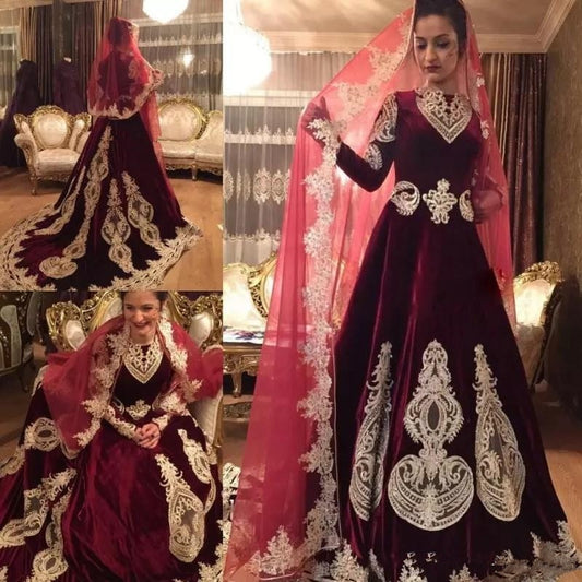 Luxury Muslim Wedding Dresses With Veil Arabic Dubai Velvet Burgundy Applique Beads Bridal Dress Sweep Train Wedding Dress - LiveTrendsX