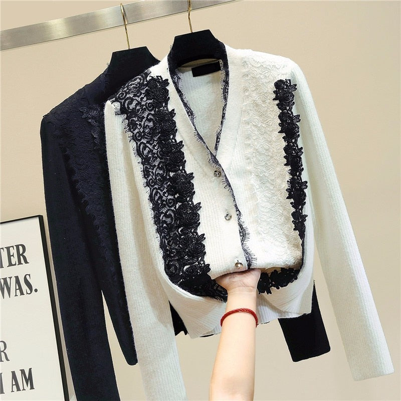 new arrivals lace floral patchwork cardigan women long sleeve v-neck 2colors - LiveTrendsX