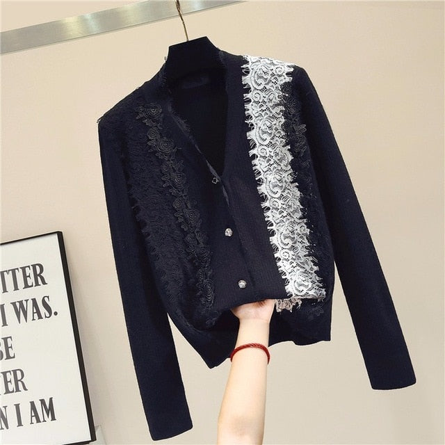 new arrivals lace floral patchwork cardigan women long sleeve v-neck 2colors - LiveTrendsX