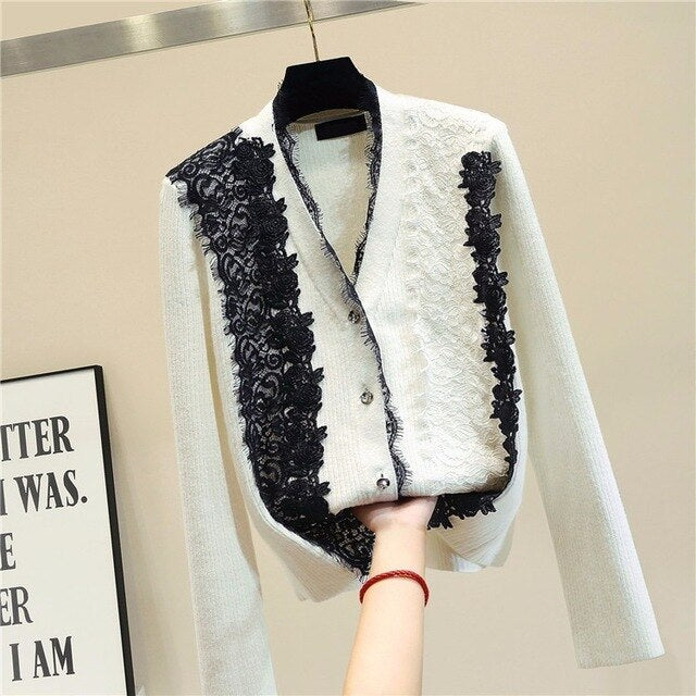 new arrivals lace floral patchwork cardigan women long sleeve v-neck 2colors - LiveTrendsX