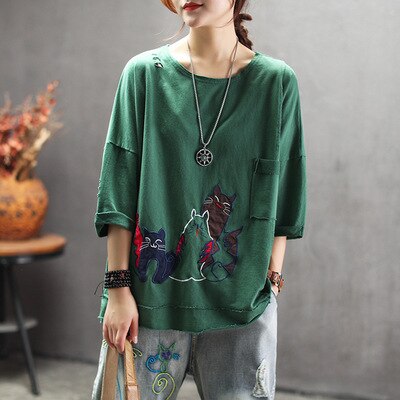 Women Summer Retro Embroidered Loose T-shirt Tees Shirts Ladies Cartoon Cat Tops Female Ripped Holes Tees Shirt - LiveTrendsX