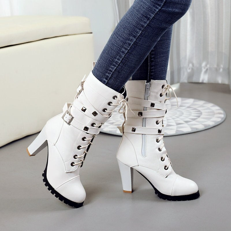 Women Boots Fashion Rivet Motorcycle Boots Autumn Mid Calf Boots - LiveTrendsX