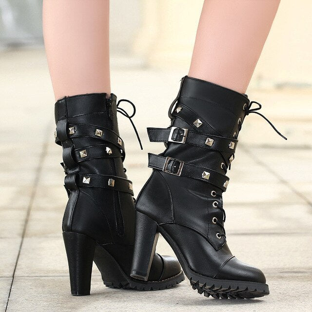 Women Boots Fashion Rivet Motorcycle Boots Autumn Mid Calf Boots - LiveTrendsX