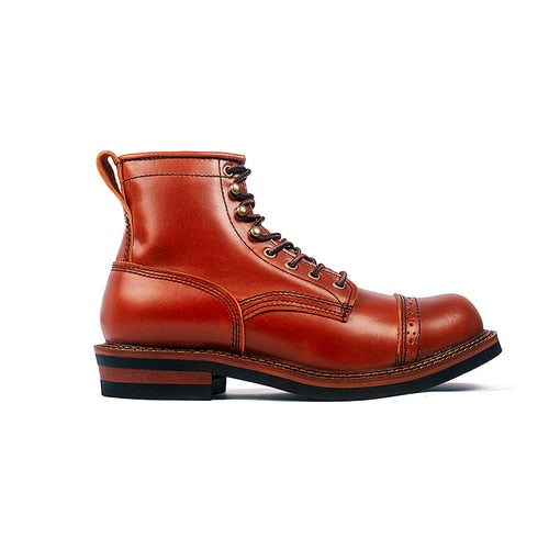 Men's leather motorcycle Vintage boots autumn and winter leather tooling short boots men's color matching shoes - LiveTrendsX