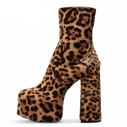 Shoes Zipper Women Platform Chunky Tight Ankle Boots Leopard Flock Round Toe 13cm Square Heel Large Size 44 45 46 Autumn Winter - LiveTrendsX