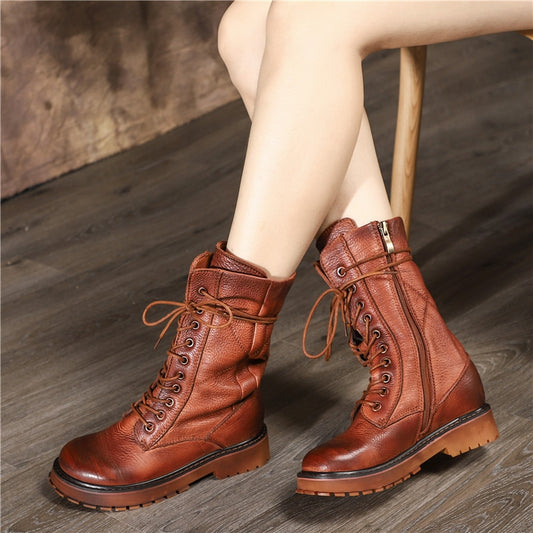 Top quality Full genuine leather boots women vintage autumn winter boots lace up nature cow leather western ankle boots - LiveTrendsX