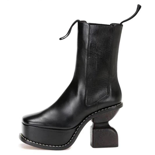 New Runway Strange Style Heel Ankle Boots For Women Black Genuine Leather Platform Short Boots High Heel Stretch Botas Femininas - LiveTrendsX