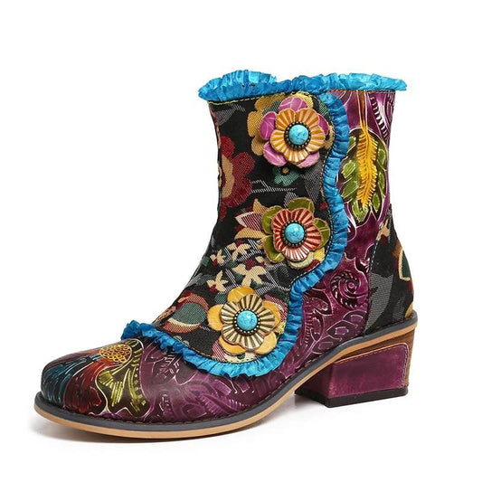 Retro Hand Painted Genuine Leather Flowers Blue Lace Zipper Flat Short Boots Elegant Shoes Women Shoes Botas Mujer - LiveTrendsX