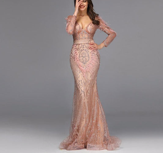 Rose Gold Feathers Long Sleeves Evening Dresses 2020 Dubai Luxury Mermaid Sparkle Evening Gowns - LiveTrendsX