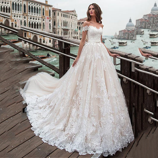 Fantastic Tulle A-line Wedding Dresses Off The Shoulder Lace Appliques Princess Boho Wedding Gowns Lace Up Back Bridal Gown - LiveTrendsX