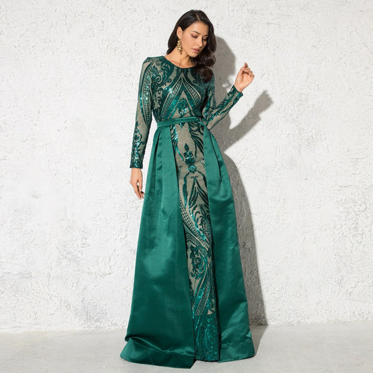 Green Sequined O Neck Full Sleeved Evening Party Dress Stretchy Floor Length Ball Gown with Detachable Train Burgundy - LiveTrendsX