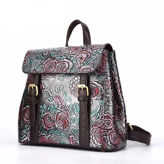 Geometrical vintage hand-rubbed Women backpack in-hand Embossed zipper leather flowers female backpacks ladies shoulder bag - LiveTrendsX