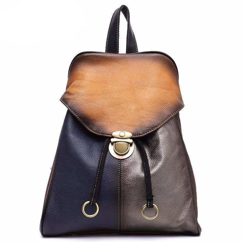 Women Retro Design Genuine Leather Backpack Girls Random Color Leather Patchwork Shoulder Bag Flap School Bag Female knapsack - LiveTrendsX