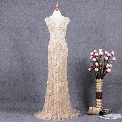 gala dress prom party dress o-neck sequined beaded evening dresses mermaid zipper illusion vestidos de gala - LiveTrendsX