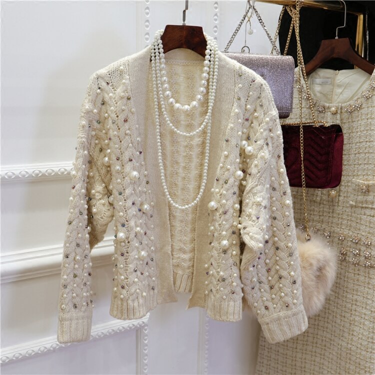 Knitwear Women Spring Winter New Fashion Heavy Pearl Beaded Thickening Warm Knit Cardigan Coat Girl Ladies Knitting Sweater - LiveTrendsX