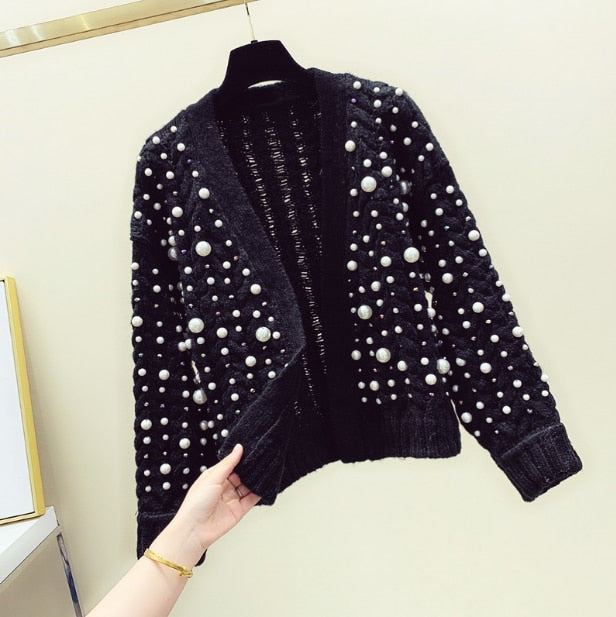 Knitwear Women Spring Winter New Fashion Heavy Pearl Beaded Thickening Warm Knit Cardigan Coat Girl Ladies Knitting Sweater - LiveTrendsX