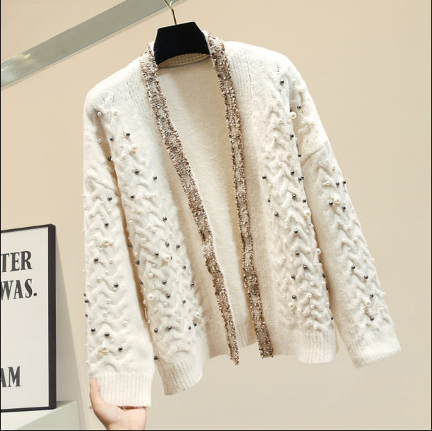 Knitwear Women Spring Winter New Fashion Heavy Pearl Beaded Thickening Warm Knit Cardigan Coat Girl Ladies Knitting Sweater - LiveTrendsX