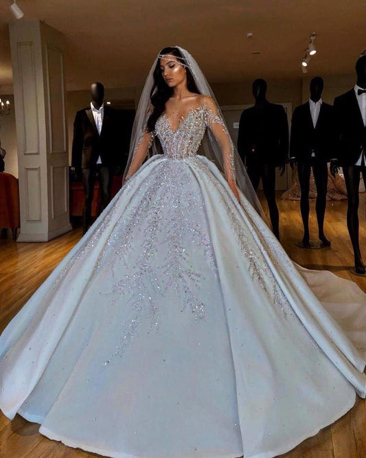 Luxury Arabic Ball Gown Wedding Dress Long Sleeve With Large Beaded Applique Sweetheart Button Back Long Train Wedding Gowns - LiveTrendsX