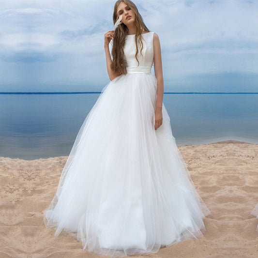 Beach Wedding Dresses O-Neck Simple White Tulle Sashes Bow Boho Bridal Dress Arabic Wedding Gowns vestido novia satin - LiveTrendsX