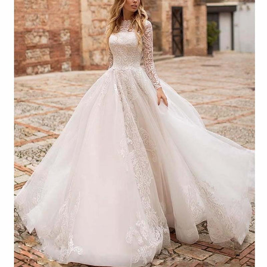 Elegant Sheer Long Sleeve Lace A Line Wedding Dresses With Train 2019 Buttons Back Bride Dress Wedding Gowns Vestido De Novia - LiveTrendsX