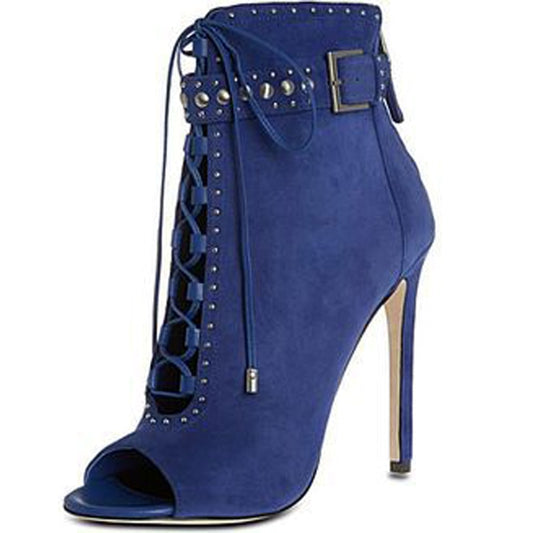 Sexy Ladies Blue Faux Suede Rivets Studs Buckle Belt Ankle Boots Peep toe High Heel Female Gladiator Lace Up Bottines Woman - LiveTrendsX