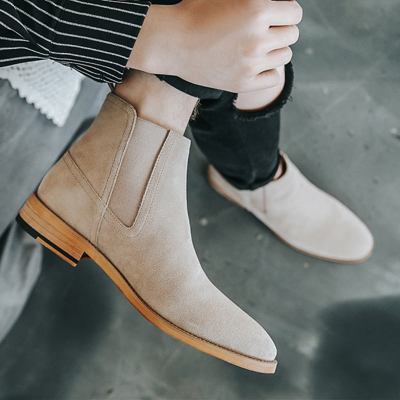 Men Shoes Ankle Pointed Toe Solid Wood Sole Boots