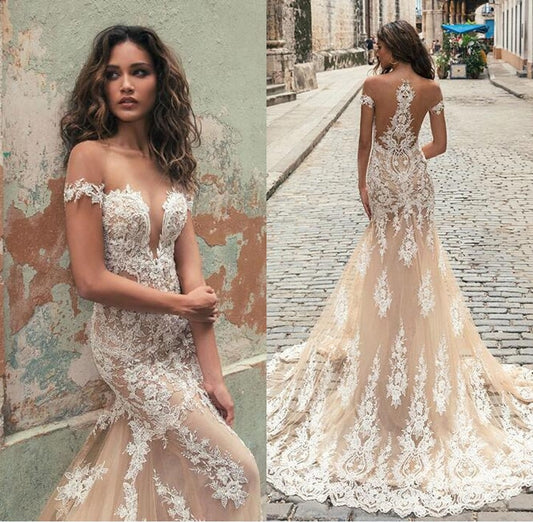 Vestido de noiva	Illusion Back Mermaid Champagne Lace Wedding Dresses 2019 Off The Shoulder Appliques Tulle Wedding Gowns - LiveTrendsX