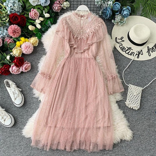 Autumn Winter Vintage Lace Floral Midi Dress Elegant Women Party Long Sleeve Pearls Beading Mesh Ruffles Dresses - LiveTrendsX