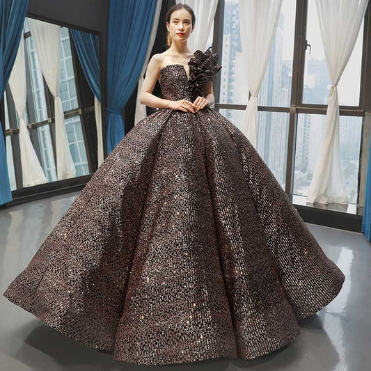 one-shoulder evening dresses gorgeous ball gown with black flower special occasion dresses - LiveTrendsX