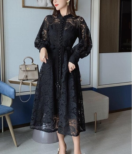 Elegant Hollow Out Women Dress Stand Lantern Sleeve High Waist Bandage With Vest Midi Dresses Female Fashion 2019 Chic - LiveTrendsX