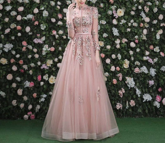 Evening Dress Pink Long Sleeves Floral Print Lace Up A-line Floor Length Party Gown Evening Gowns Prom Dresses - LiveTrendsX