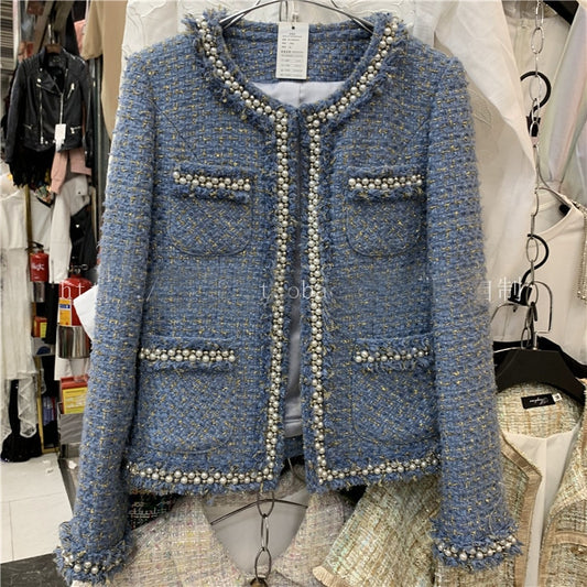 Women's Luxury Blue tweed jacket runway long sleeve with pearls coat designer high quality elegant formal coat - LiveTrendsX